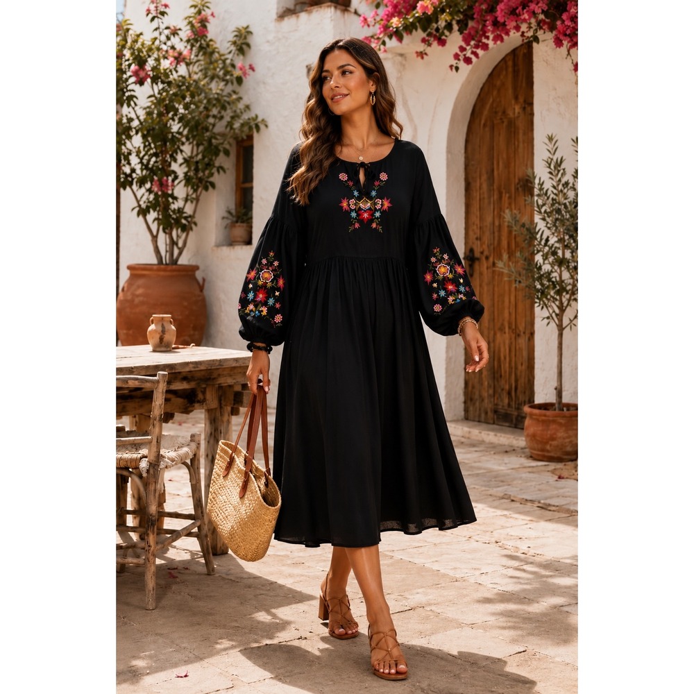 Old Navy Womens Black Floral Embroidered Boho Midi Dress Balloon Sleeve XL